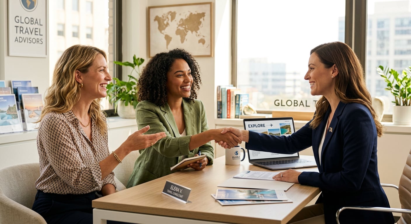 Happy client introducing a friend to their travel agent