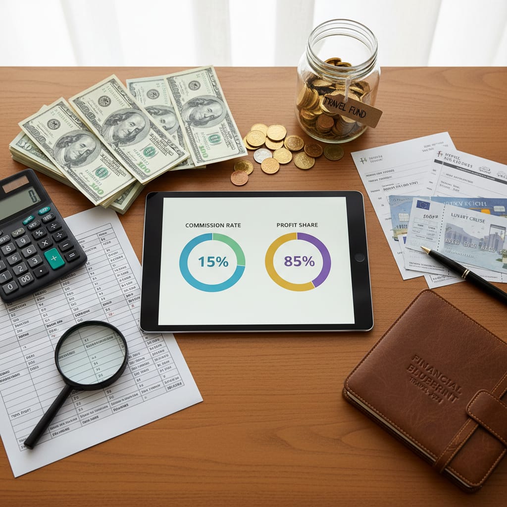 Travel agent commission rates and profit margins visualization with percentage charts and financial planning documents for 2026