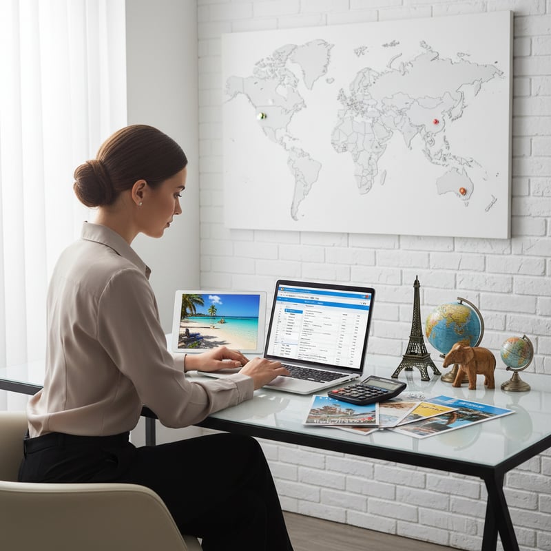 Travel agent at desk planning customized itinerary for clients