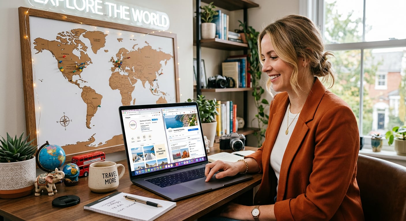 Travel agent managing social media marketing campaigns on laptop