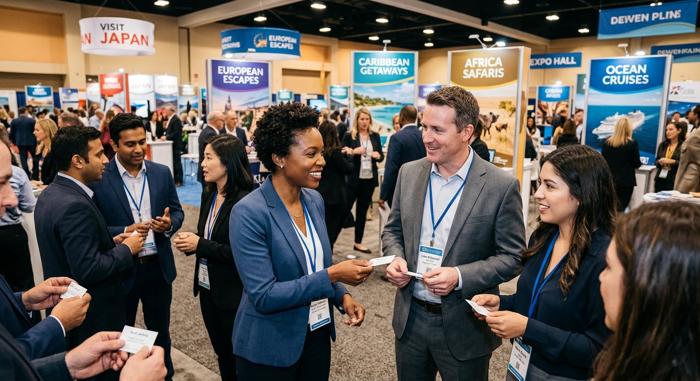 Travel professionals networking at an industry conference