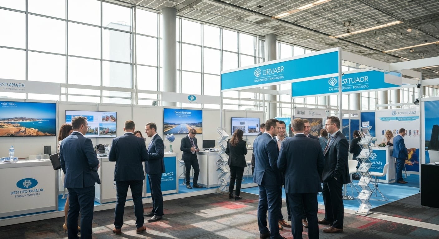 Travel professionals networking at B2B trade conference with destination booths
