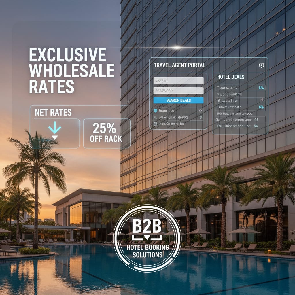 Travel agent accessing wholesale hotel rates on B2B booking platform