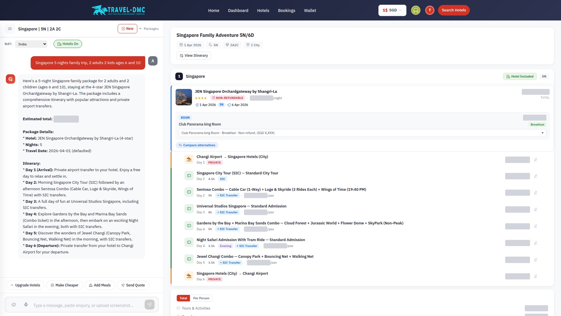 AI Package Builder Interface - Split panel with chat on the left and live package preview with hotels, tours, transfers and pricing on the right