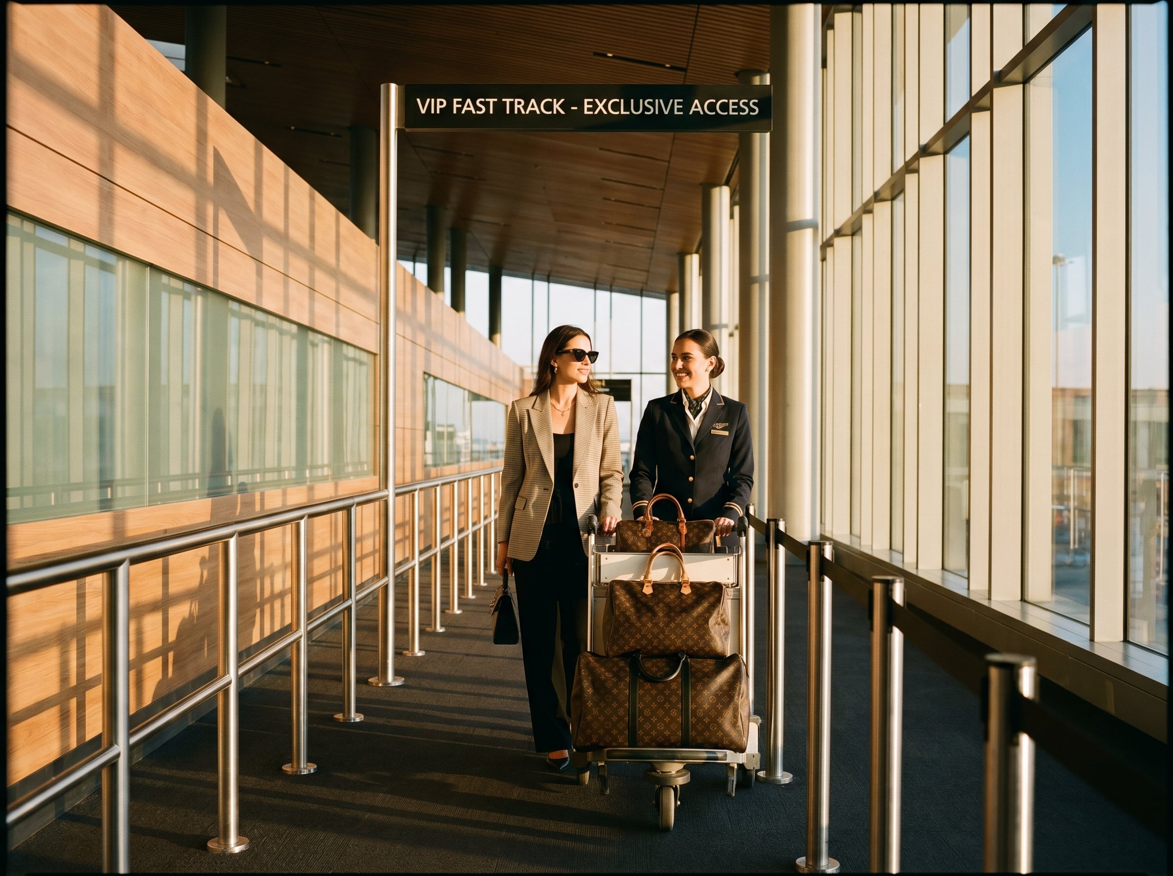 VIP traveller escorted through airport fast-track lane by meet and greet assistant - B2B airport assistance