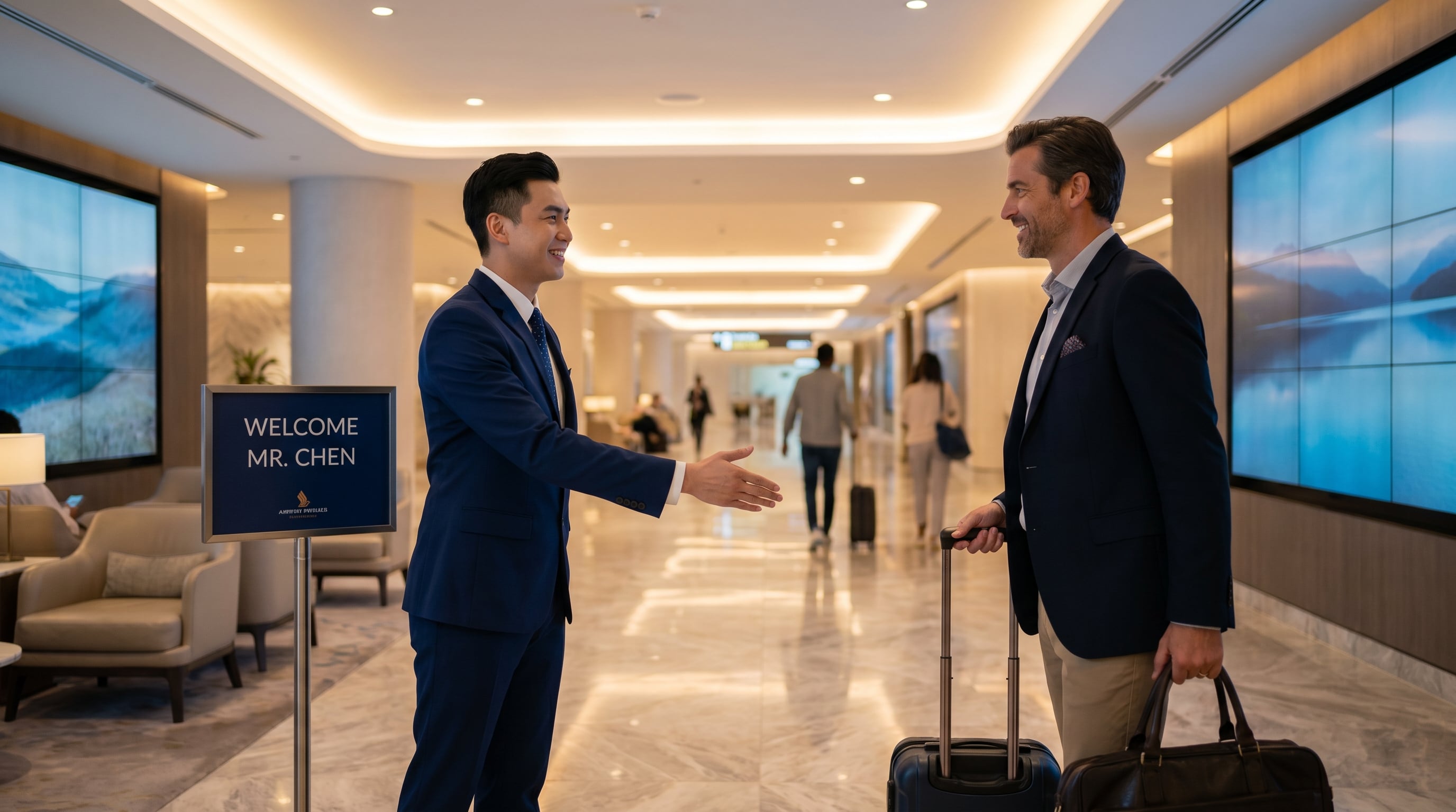 Uniformed airport greeter welcoming a VIP traveller in arrivals hall - airport greeting service for agents