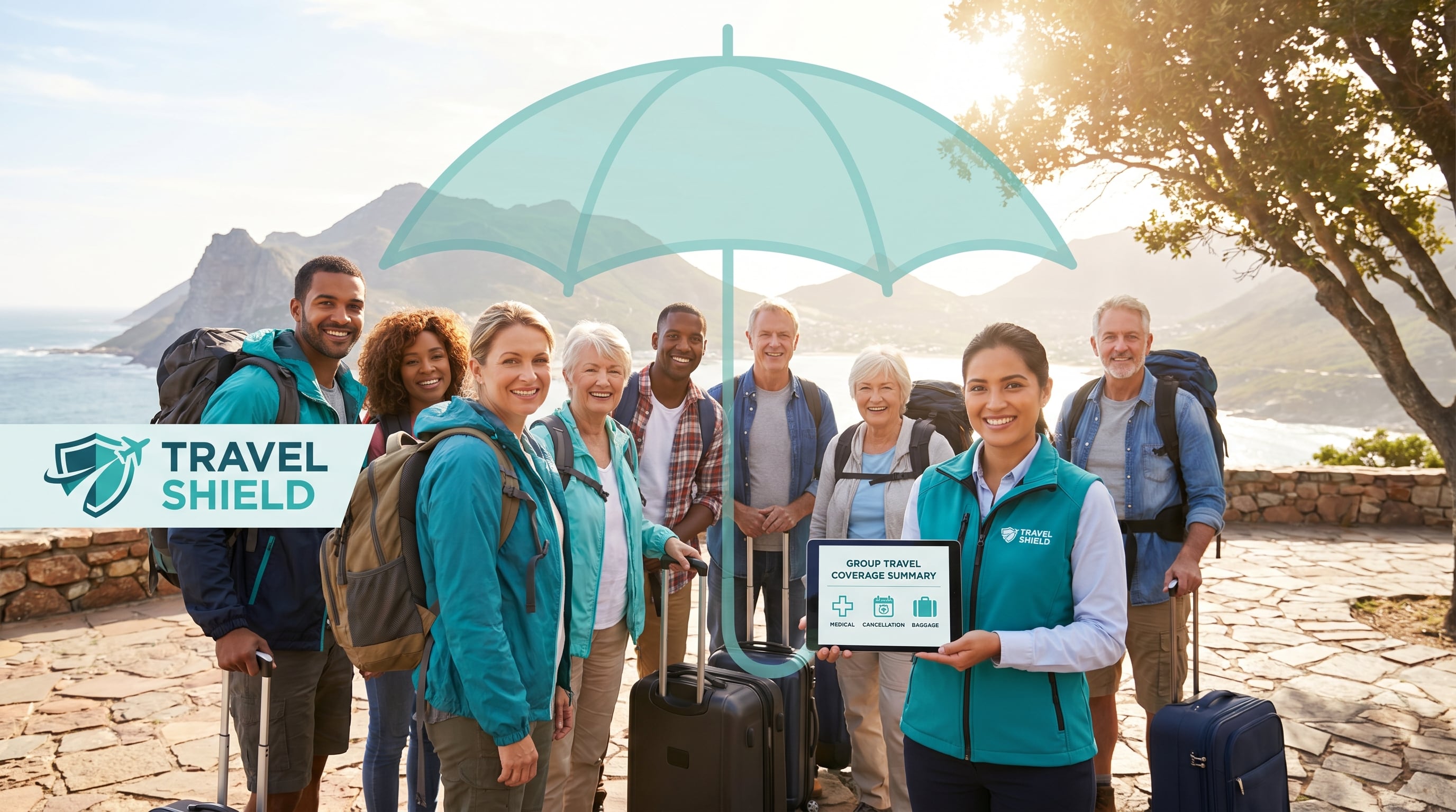 Happy tour group protected by group travel insurance at a scenic destination - bulk travel insurance for agents