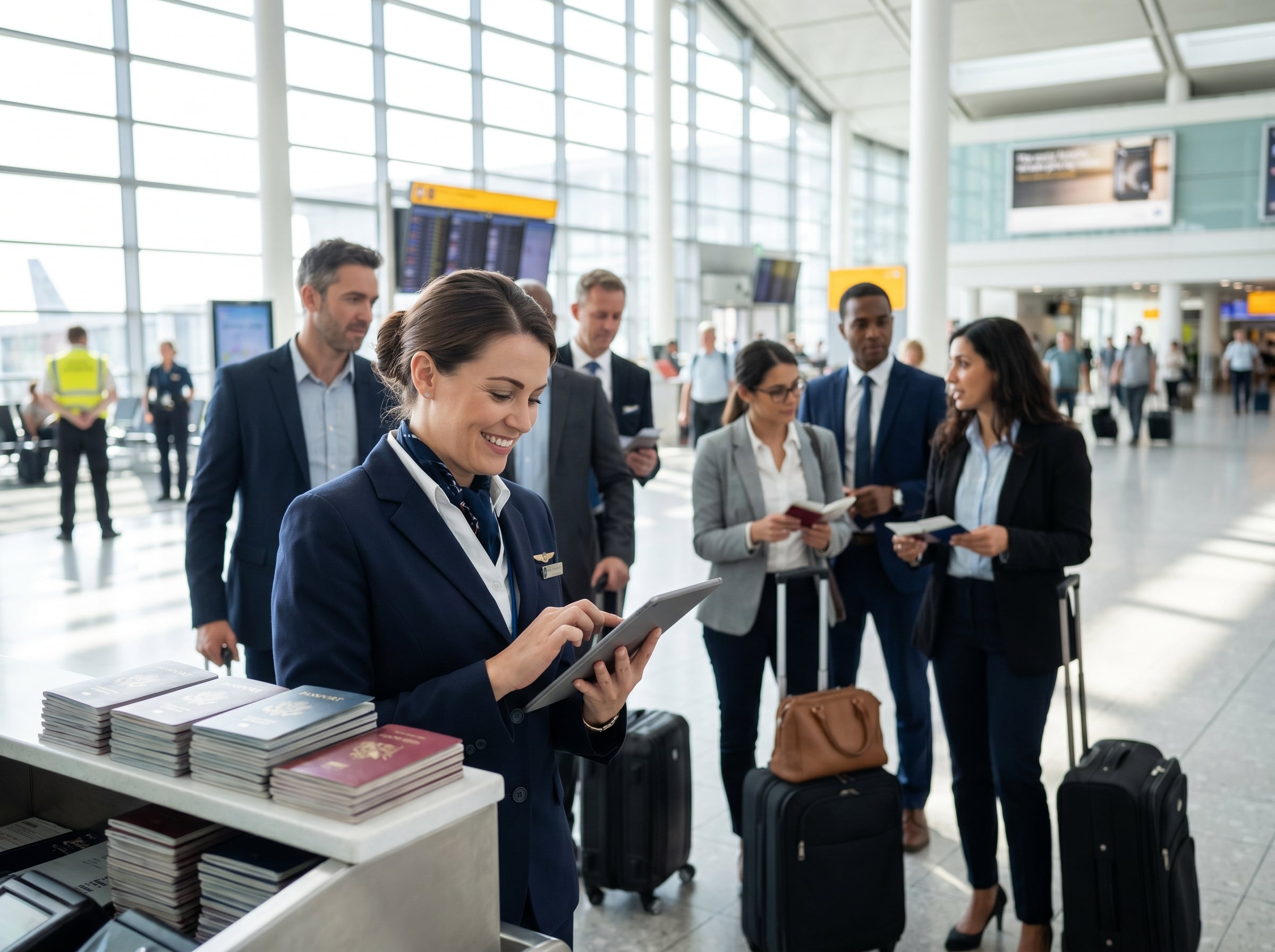 Travel coordinator processing a group visa list at airport check-in - B2B visa services
