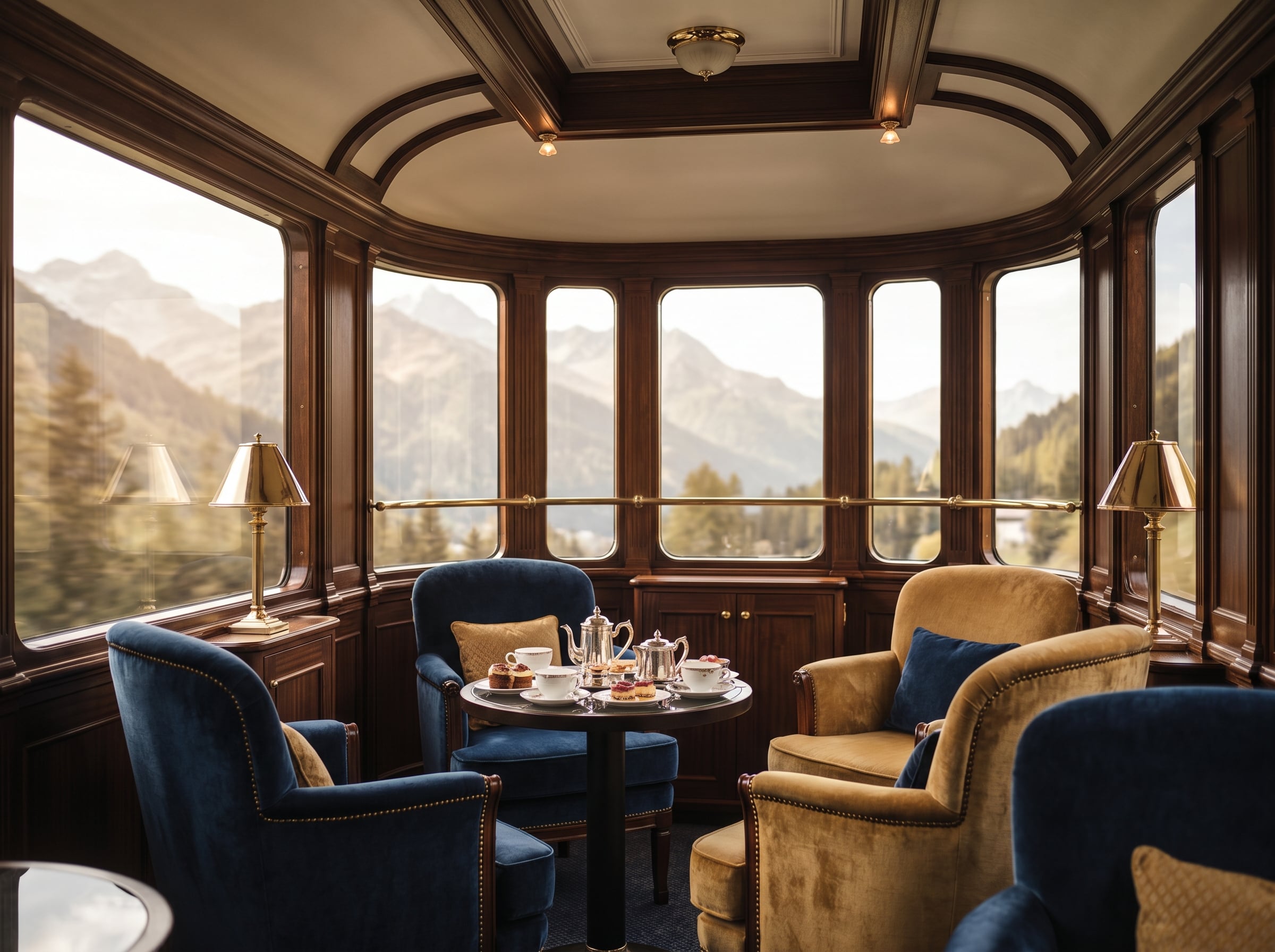 Elegant luxury observation train carriage interior with panoramic windows - B2B rail holiday packages