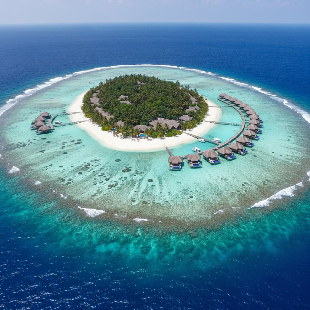Maldives island resort aerial view showing overwater villas and lagoon