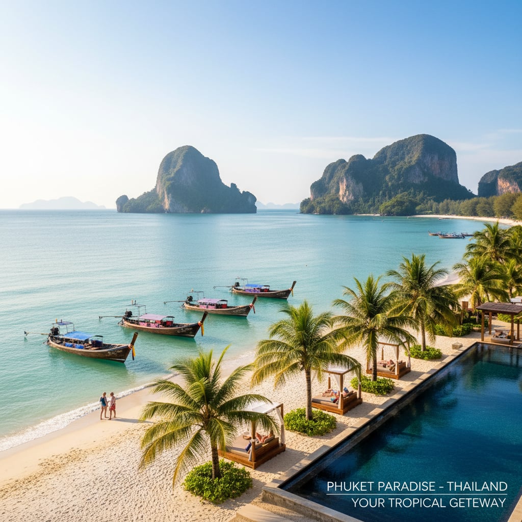 Phuket beach resort with longtail boats and limestone cliffs - wholesale tour rates for travel agents