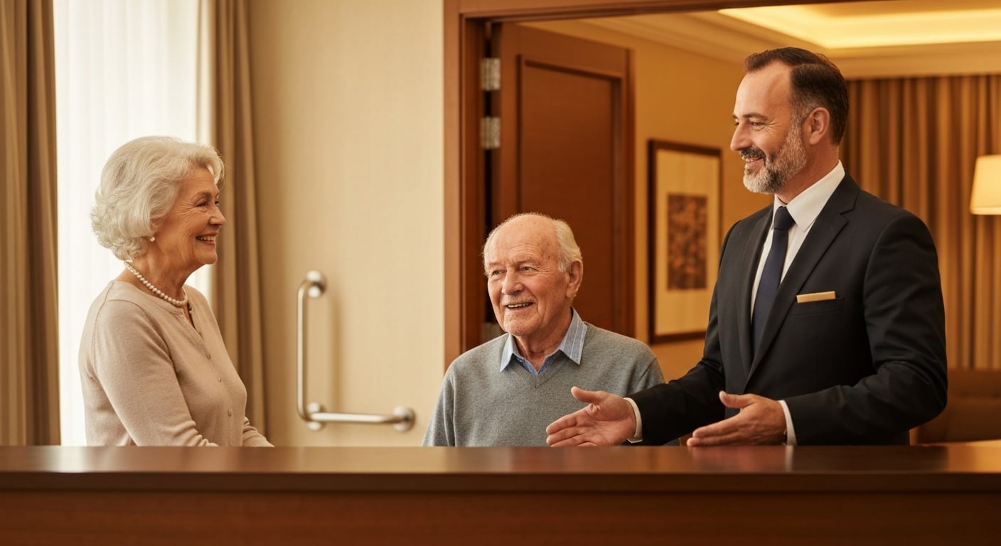 Travel agent consulting with senior couple