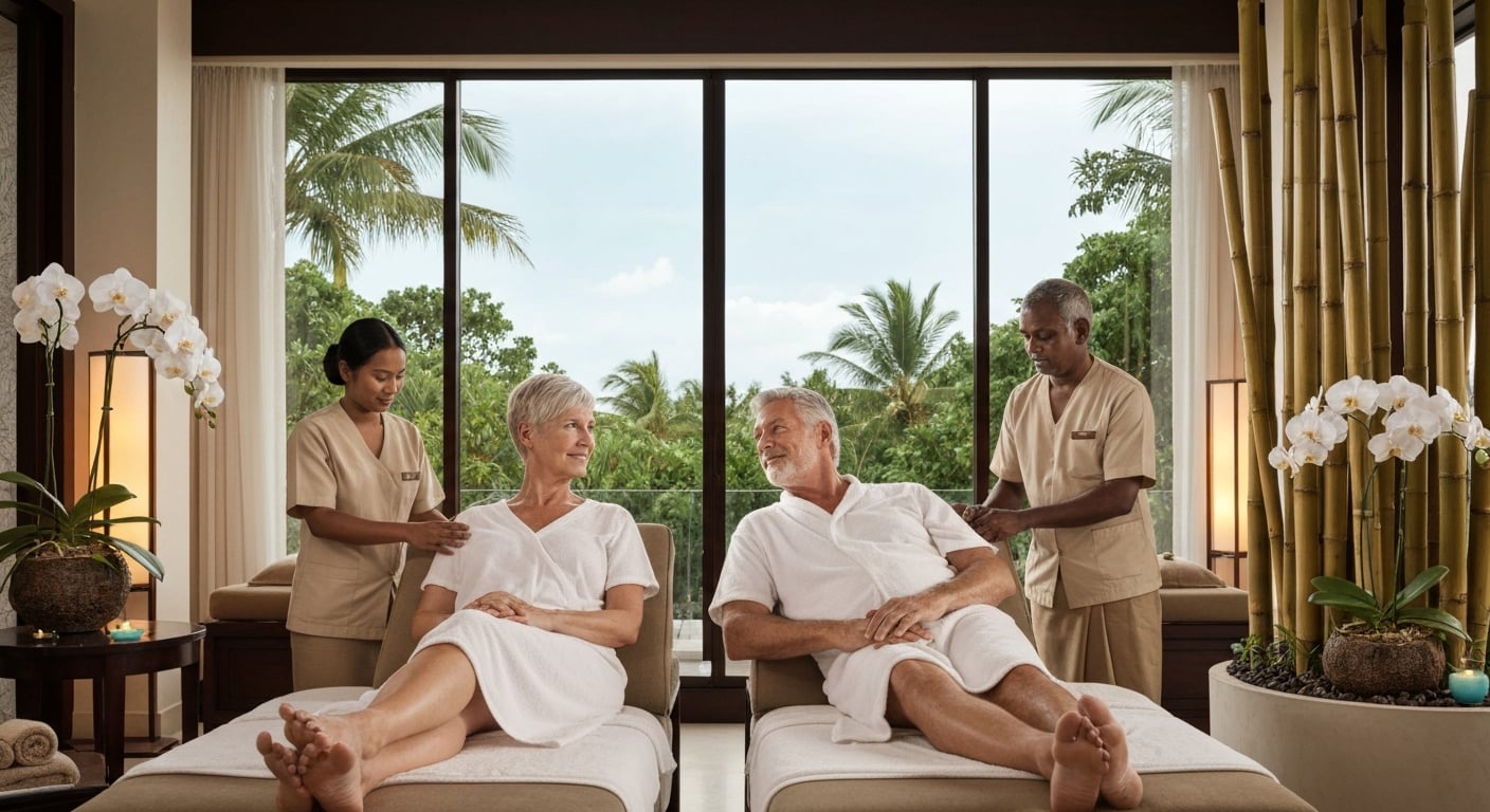 Senior couple at luxury wellness spa retreat - wholesale packages for travel agents