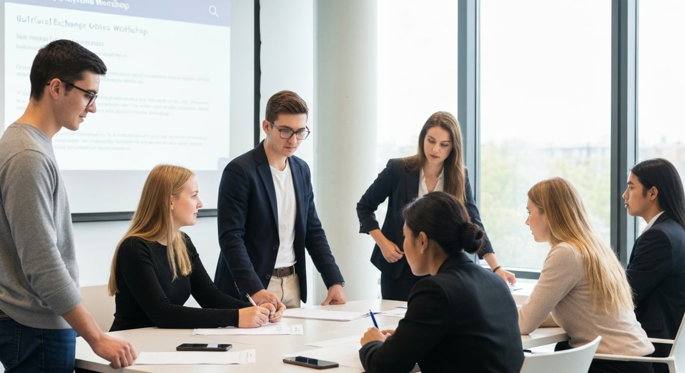 University students on a study abroad program in conference room