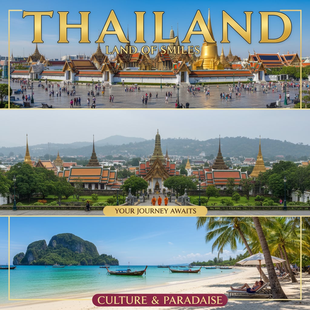Thailand travel destinations showing Bangkok temples, Phuket beaches and Chiang Mai mountains for B2B travel agents