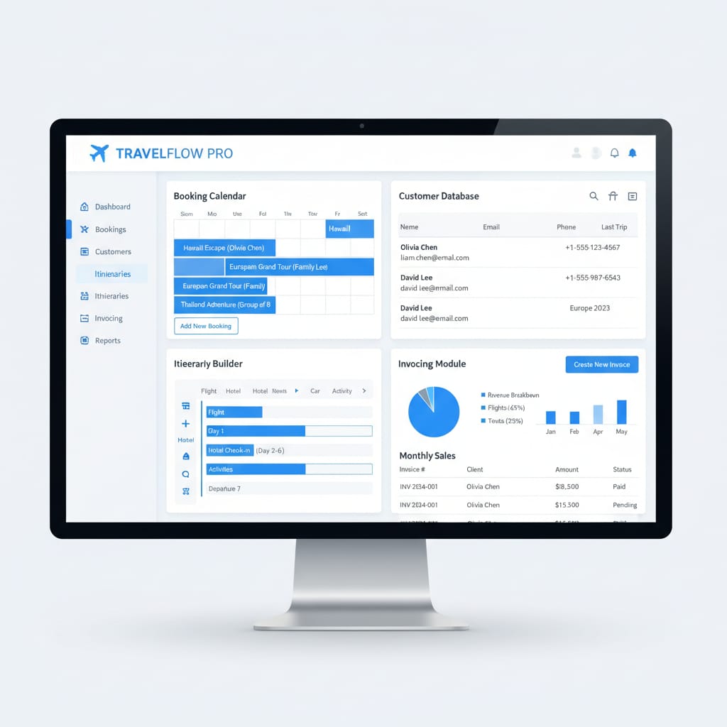 Travel agency management software dashboard showing CRM, booking management, and reporting features