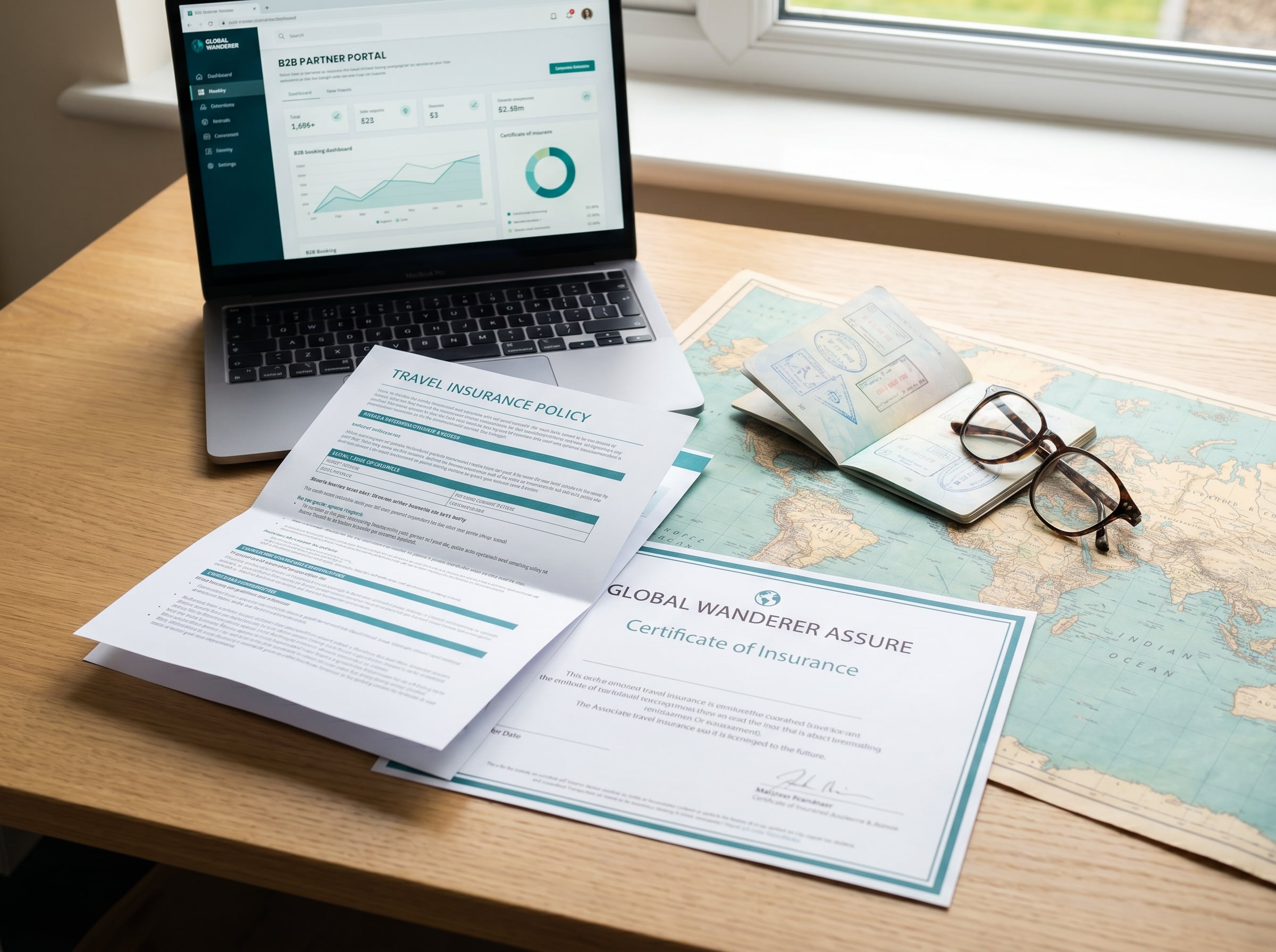 Group travel insurance policy document with passport and booking dashboard - B2B travel insurance for agents