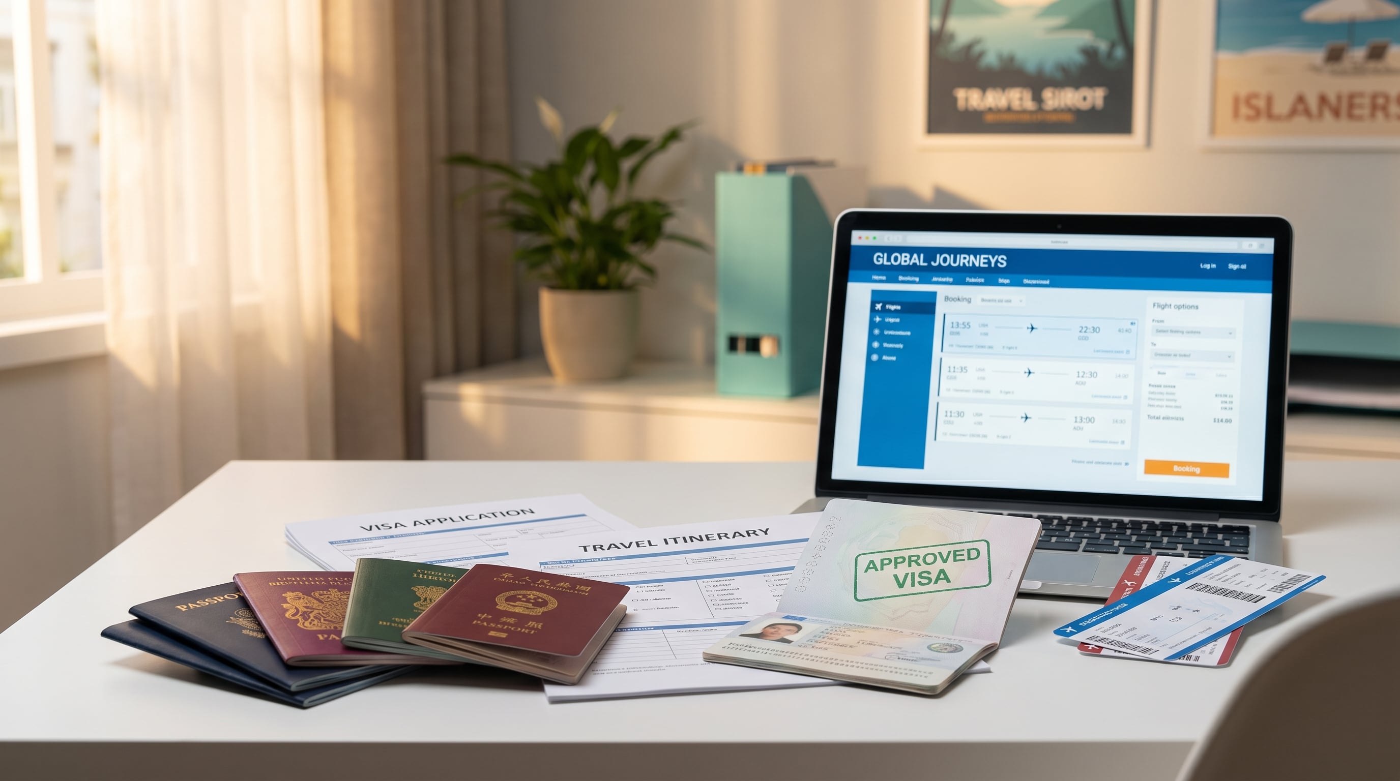 Passports, visa application forms and approved stamps on a travel agency desk - visa processing service B2B
