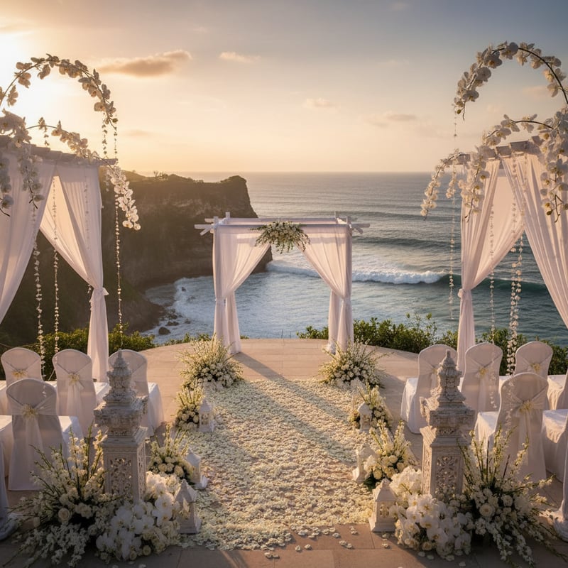 Cliff-top wedding venue in Bali overlooking the ocean with elegant white setup