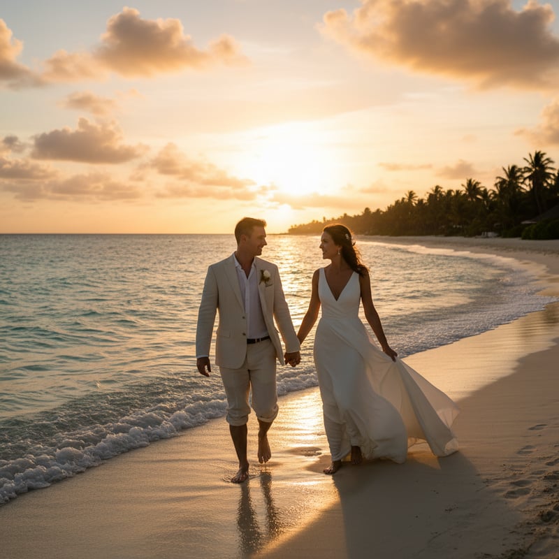 Newlywed couple walking on tropical beach at sunset during destination wedding