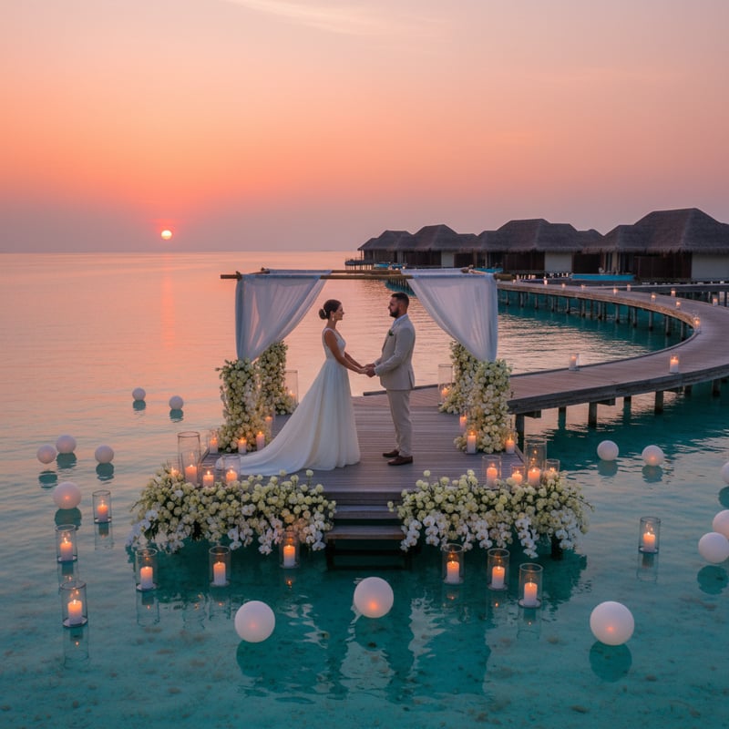 Romantic overwater wedding ceremony in Maldives with turquoise lagoon backdrop
