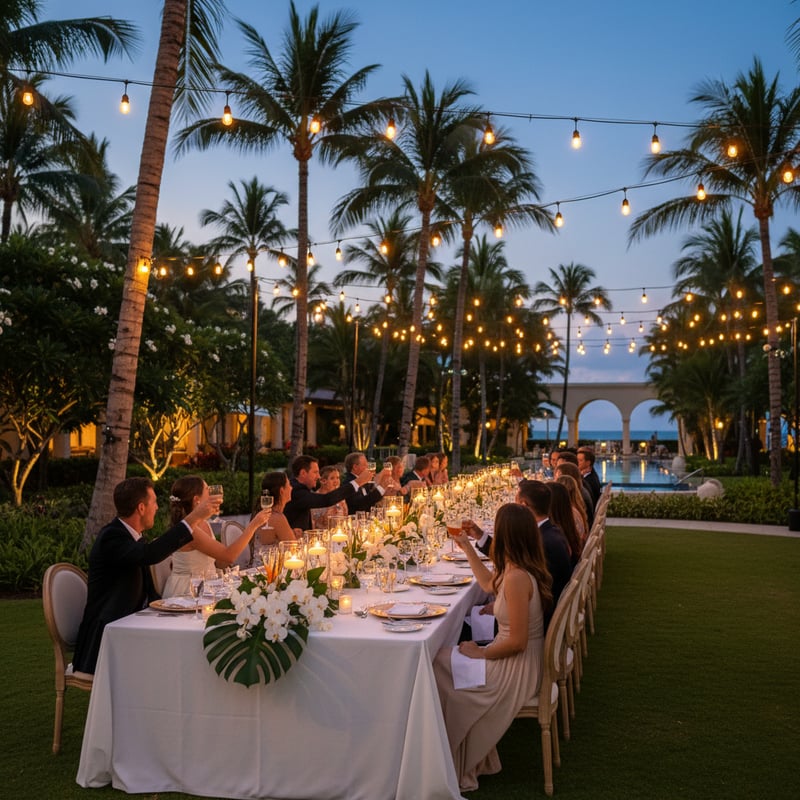 Elegant outdoor wedding reception dinner at tropical resort with string lights