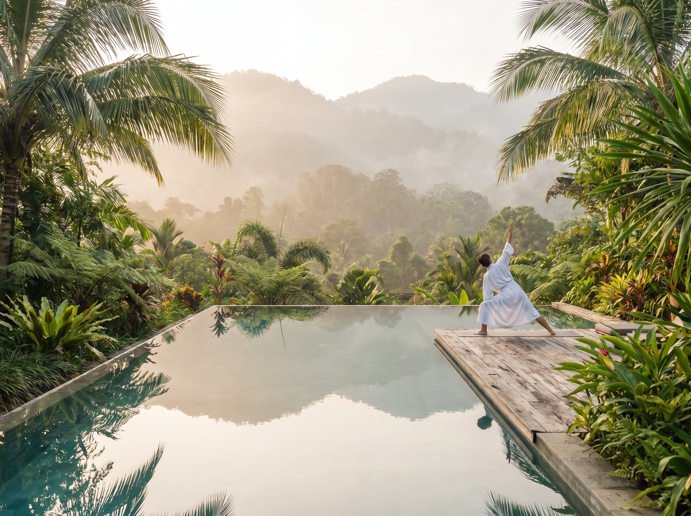 Wellness resort infinity pool with yoga deck in tropical Asia - wholesale wellness retreat packages for travel agents